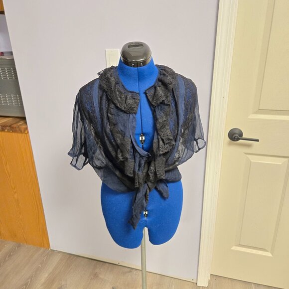 Chasing Unicorns Fly Like an Eagle Silk Chiffon Blouse, Black and Navy, M, NWT - Picture 3 of 5